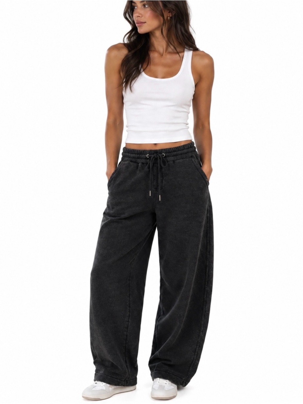 RISEN Los Angeles Washed Black Barrel Slouchy Sweatpants with Drawstring